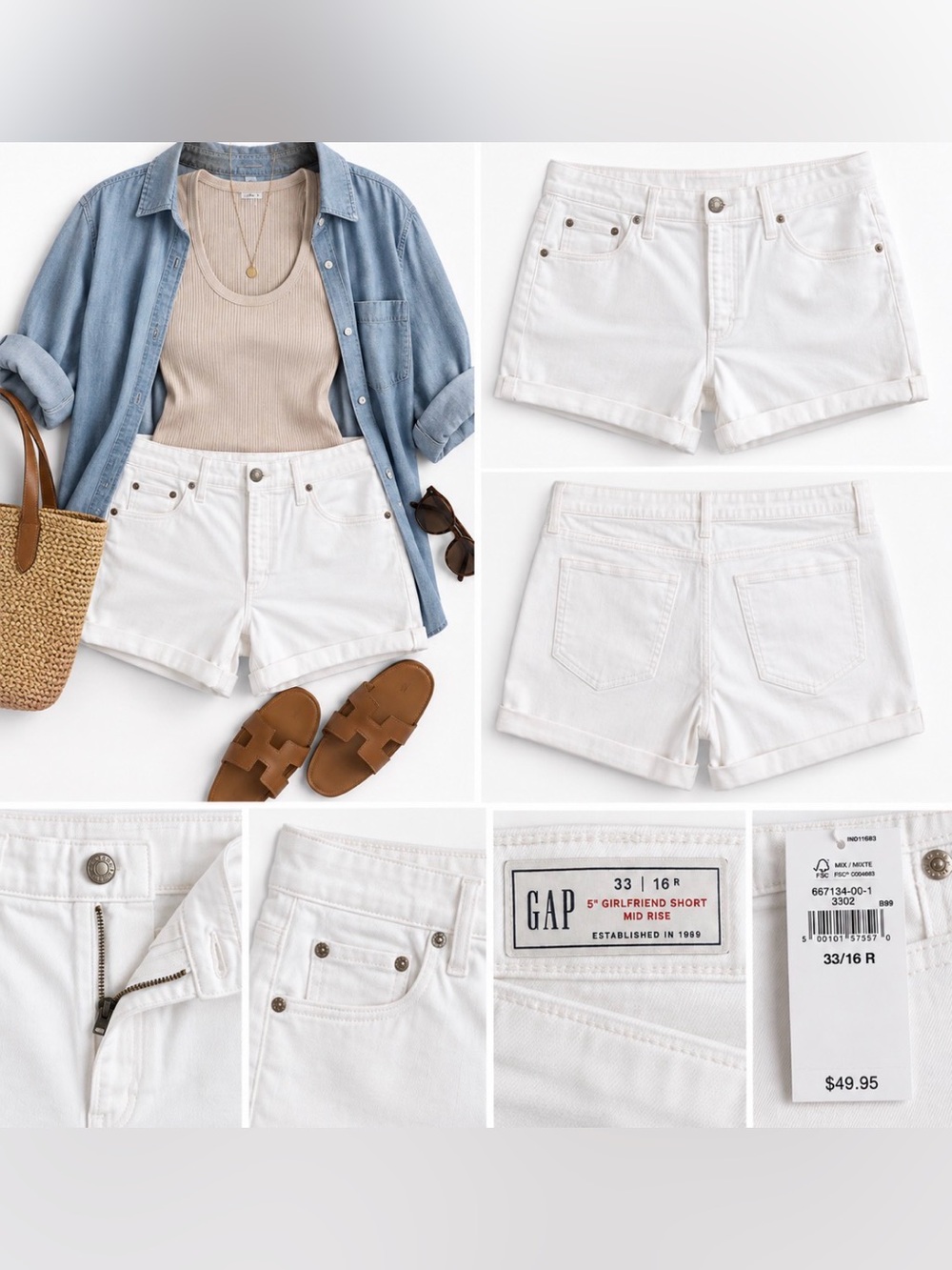 GAP 5” Girlfriend Mid Rise White Denim Shorts Size 33/16 NWT